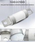 Top Shelf Heavy Duty High Voltage Automotive Fuse For Your Electric Ride Quick Short Circuit Shield Universal DC450V Ev Upgrade close-up of fuse with metal and ceramic housing.