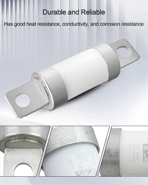 Top Shelf Heavy Duty High Voltage Automotive Fuse For Your Electric Ride Quick Short Circuit Shield Universal DC450V Ev Upgrade close-up of fuse with metal and ceramic housing.