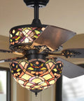 HomeStock Kalsti 6-Light 52-Inch Matte Black Ceiling Fan with -Style Lotus Shades showcasing intricate stained glass design.
