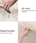 Close-up of air vents and padded handles on All-Season Waterproof Outdoor Chair Covers Set, Heavy-Duty 600D Polyester, 2 Pack.