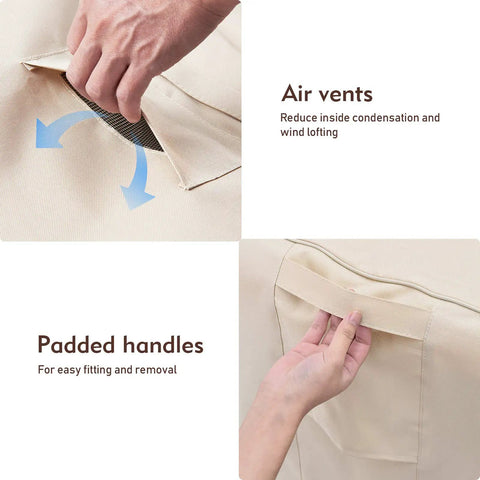 Close-up of air vents and padded handles on All-Season Waterproof Outdoor Chair Covers Set, Heavy-Duty 600D Polyester, 2 Pack.