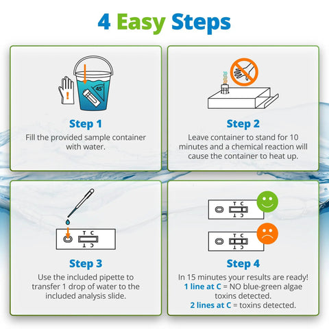 Instructions for using the Blue Green Algae And Cyanobacteria Test Kit For Backyard Ponds, including four easy steps.