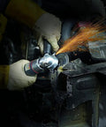 Heavy Duty Air Angle Grinder With A Beefy 5 Inch Cut Off Wheel cutting metal, sparks flying from 12000 RPM grind.