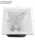 Illustration of heavy duty aluminum drain covers 5 1 2 inch wide dome strainer for kitchen sinks floor drains showers outdoor gardens and restaurants free flowing drainage clog prevention built to last 10 pack with a 12 inch white floor sink shown for context, cover not included.