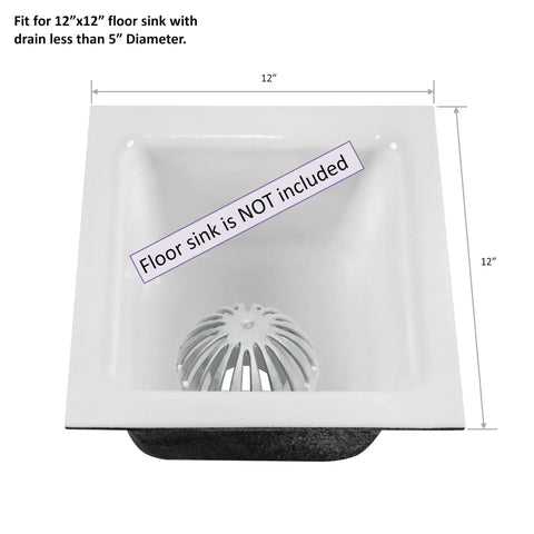 Illustration of heavy duty aluminum drain covers 5 1 2 inch wide dome strainer for kitchen sinks floor drains showers outdoor gardens and restaurants free flowing drainage clog prevention built to last 10 pack with a 12 inch white floor sink shown for context, cover not included.