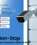 Solar Powered Outdoor Security Camera With 2K Video, No Wires, AI Motion Detection And Siren, mounted on exterior wall