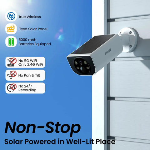 Solar Powered Outdoor Security Camera With 2K Video, No Wires, AI Motion Detection And Siren, mounted on exterior wall