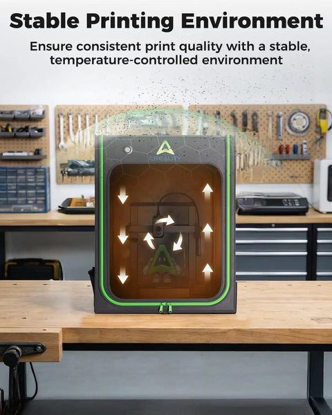 Pro Grade 2026 3D Printer Enclosure With Constant Temperature, LED Lighting, in workshop setting on workbench