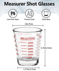 Two Pack Espresso Shot Glass Measuring Cup Set With Red Scale, Heavy Glass Barware, easy-read measurements for bartending and kitchen use.