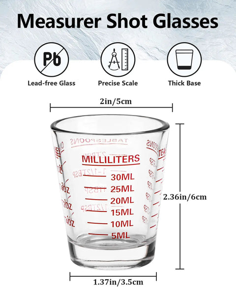 Two Pack Espresso Shot Glass Measuring Cup Set With Red Scale, Heavy Glass Barware, easy-read measurements for bartending and kitchen use.