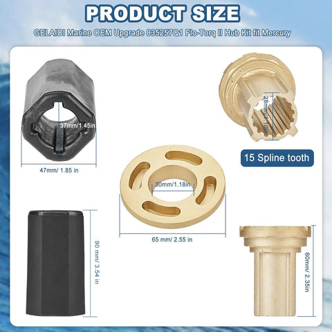 Flo Torq II Hub Kit components with dimensions and 15 spline tooth for Mercury Outboard Engines and Mercruiser Alpha Bravo.