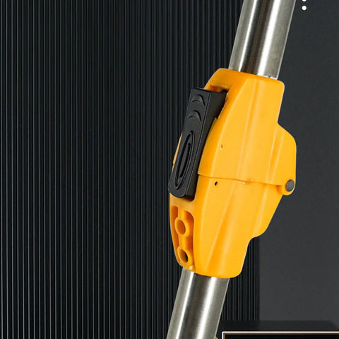 Close-up of the clasp on Luocute Distance Measuring Wheel 9999.9m Capacity Folding Design, featuring yellow plastic and metal.