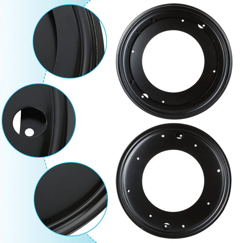 Rock Solid Four Pack Of Twelve Inch Lazy Susan Bearings Forged From Heavy Duty Galvanized Steel Delivers Thousand Pound Load Capacity For Tough Corner Shelving And Quick Serve Display Tiers, detailed view of circular black steel plates.