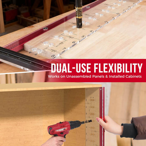 Pro Grade Shelf Pin Jig With Self Centering Drill Bits For One Quarter Inch And Five Millimeter Pins, Fits 32mm System