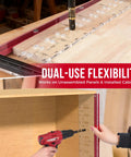 Shelf Pin Jig With Self Centering Drill Bits 1/4 Inch And 5mm For 32mm System Cabinet Hole Drilling Template in use, aligning shelves with precision.
