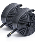 All-Around 24x1.75 to 2.125 Bike Inner Tubes 2 Pack With AV Schrader Valve coiled side by side, suitable for city road mountain cruiser bikes.