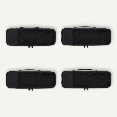 Go To Travel Packing Cubes Set Four Piece With Mesh Top Luggage Organizer Double Zipper Space Saving Slim Design For Suitcases Backpacks And Carry Ons, black set laying flat.