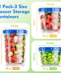 12 Pack Freezer Storage Containers Set With Twist Top Lids 34 Oz 24 Oz And 17 Oz BPA Free Plastic Food Storage Containers with fruits.