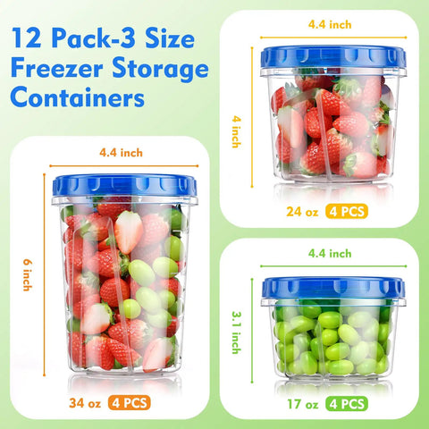 12 Pack Freezer Storage Containers Set With Twist Top Lids 34 Oz 24 Oz And 17 Oz BPA Free Plastic Food Storage Containers with fruits.