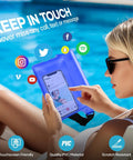 Woman using smartphone in Waterproof Fanny Pack For Women IP68 Phone Passport Pouch Floating Dry Bag by poolside, PVC material