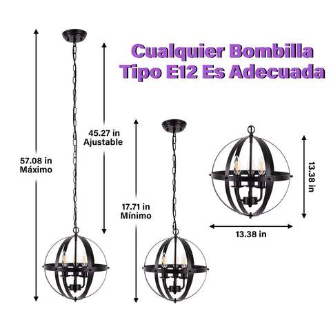 Vintage Pendant Light With Farmhouse Rustic Style Vibe, 3 Light Adjustable Fixture, Metal Shade, Black Finish, E12 Base