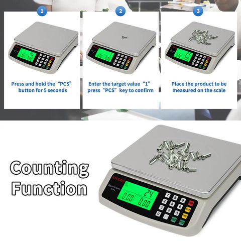 40Kg Commercial Digital Kitchen Scale with Tare Function displaying counting process with screws on stainless steel platform.