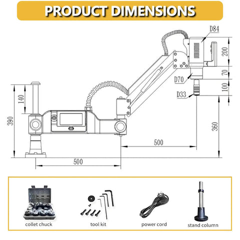 Product dimensions of Badass Heavy Duty Electric Tapping Machine Featuring A Slick Flexible 1000Mm Arm Plus Smart Touch Display.