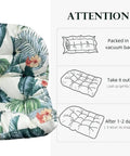 Floral patterned hammock chair cushion with unpacking instructions, shows packed and expanded views.