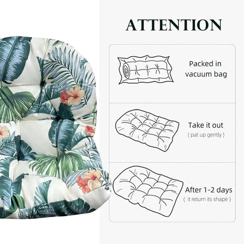 Floral patterned hammock chair cushion with unpacking instructions, shows packed and expanded views.