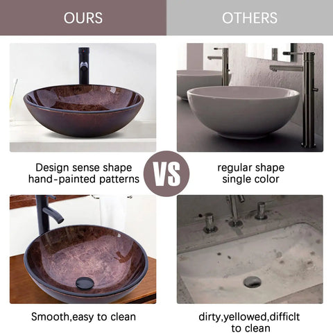 Comparison of Sixteen Point Five Inch Dope Tempered Glass Brown Vessel Sink with smooth, artful design vs regular white sink.