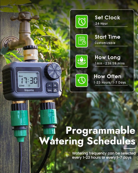 Two Zone Hose Timer With Brass Inlet And Outlet, Auto And Manual Modes, Rain Delay, IPX5 Waterproof in garden setting