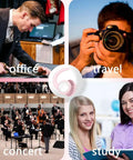 Collage of office, travel, concert, and study scenes with Ultra Comfy Noise Canceling Ear Plugs for Sleep and Travel in the center.