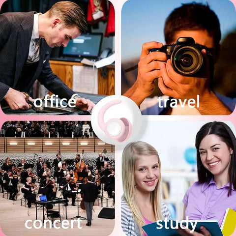 Collage of office, travel, concert, and study scenes with Ultra Comfy Noise Canceling Ear Plugs for Sleep and Travel in the center.