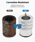 Comparison of rusted versus aluminum 44mm wheel bearing greaser, highlighting corrosion-resistant design, featuring O-ring seal and knurled grip.