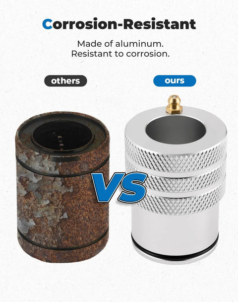 Comparison of rusted versus aluminum 44mm wheel bearing greaser, highlighting corrosion-resistant design, featuring O-ring seal and knurled grip.