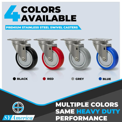 Four stainless steel caster wheels in black, red, grey, blue. Heavy Duty 4 Inch By 1.25 Inch Stainless Steel Caster Wheels With Non Marking Polyurethane, 300 Lb Per Caster, 50 Brake, Industrial Carts And Food Service Use, Corrosion Resistant, Wet Environment Ready, Blue.