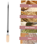 Stainless Steel Grain Sampler With Wooden Handle For Wheat And Rice Sampling beside images of rice, soybean, green beans, and corn