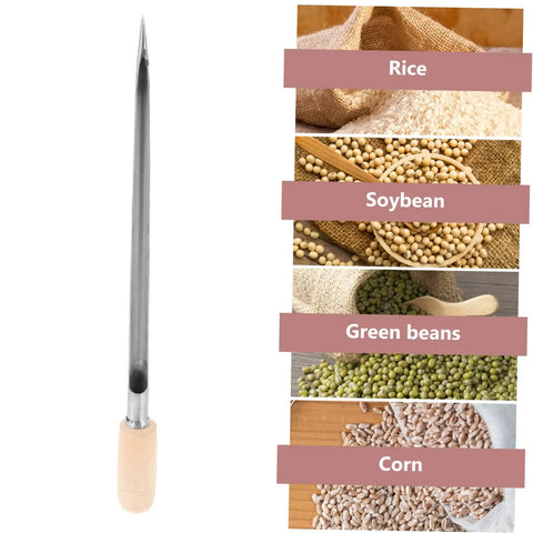 Stainless Steel Grain Sampler With Wooden Handle For Wheat And Rice Sampling beside images of rice, soybean, green beans, and corn