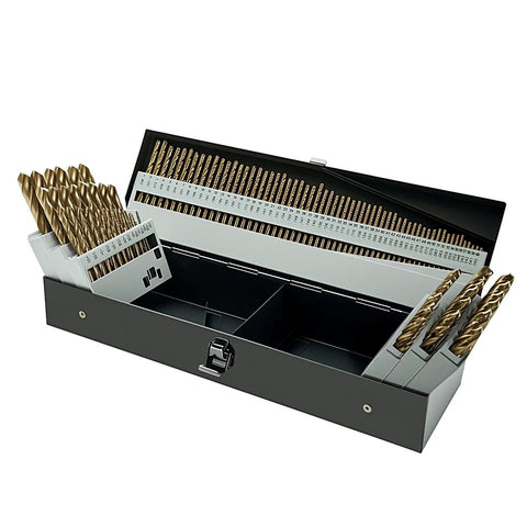 Pro Grade Cobalt Drill Bit Set M35 HSS 135 Degree Twist Jobber Length Built For Hardened Metal Wood Plastic Stainless Steel Cast Iron With Index Storage Case Includes Fractional One Sixteenth To One Half Inch Sizes A To Z And 1 To 60 displayed in open case