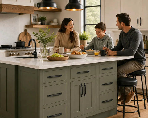 Family enjoying breakfast around kitchen island with cabinets featuring Beefy 11 Inch Flat Iron Handle Black Wrought Iron Vintage Finish.