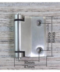 Overlay Cabinet Door Hinge Heavy Duty 304 Stainless Steel with Brushed Finish, showing dimensions and mounting holes on wood surface