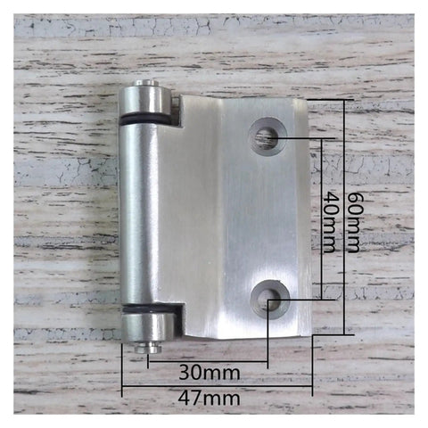 Overlay Cabinet Door Hinge Heavy Duty 304 Stainless Steel with Brushed Finish, showing dimensions and mounting holes on wood surface