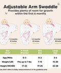 Diagram showing sizes for Organic Baby Swaddles 3 Pack for Newborns and Infants 3 to 6 Months Nordic Style Cozy Ergonomic Hip Support