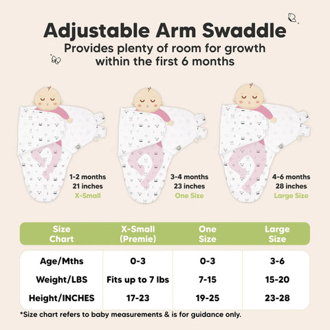 Diagram showing sizes for Organic Baby Swaddles 3 Pack for Newborns and Infants 3 to 6 Months Nordic Style Cozy Ergonomic Hip Support