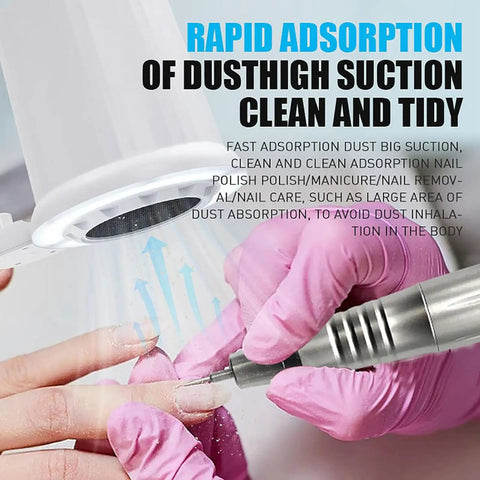 Pro Level Manicure Nail Vacuum Cleaner With Dimmable LED Lamp And Washable Reusable Filter For Zero Mess Dust Extraction And Glitter Cleanup Slick Adjustable Arm For Badass Salon Station Setup, featuring strong suction and LED light.