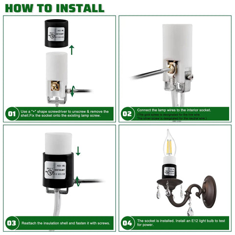 Installation guide for Heavy Duty Ceramic E12 Bulb Sockets Kickin Durability Straight Forward Wiring with wiring and setup steps.