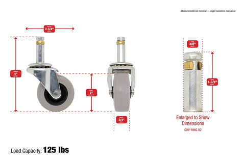 Heavy Duty 2 Inch Swivel Stem Caster With Soft TPR Rubber Wheel Seven Sixteenth Inch Stem Non Marking Gray Tread, dimensions shown