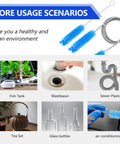 All In One CPAP Cleaning Kit With Cleaner And Hose Brush shown cleaning fish tank, washbasin, sewer pipes, and more