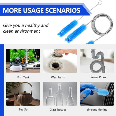 All In One CPAP Cleaning Kit With Cleaner And Hose Brush shown cleaning fish tank, washbasin, sewer pipes, and more