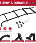 Rugged Lightweight Aluminum Ladder Rack For Ford E Series Vans And Chevy GMC Vans With Black Ladder Hook Durable Roof Carrier Weatherproof Finish Easy Install Beefy Strength Construction ladder rack kit with brackets, screws, and anti-slip supports